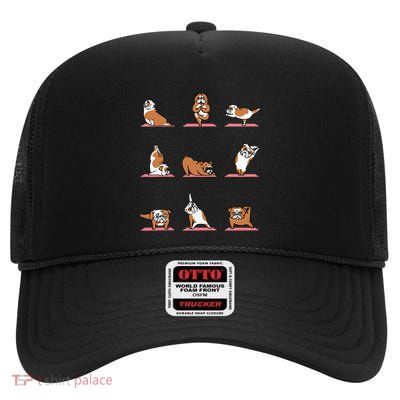 English Bulldog Yoga Puppy Yoga Poses And Meditation High Crown Mesh Back Trucker Hat