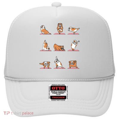 English Bulldog Yoga Puppy Yoga Poses And Meditation High Crown Mesh Back Trucker Hat