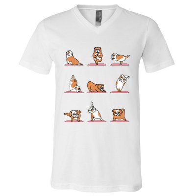 English Bulldog Yoga Puppy Yoga Poses And Meditation V-Neck T-Shirt