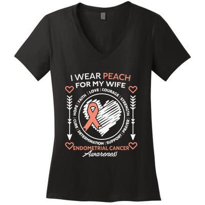 Endometrial Cancer Awareness Wear Peach My Wife Support Women's V-Neck T-Shirt