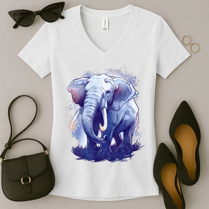 Elephant Colorful Art Women's V-Neck T-Shirt