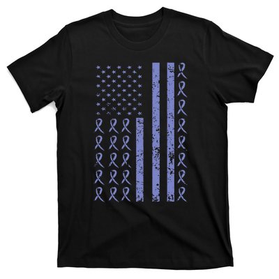 Esophageal Cancer Awareness Periwinkle Ribbon American Flag T-Shirt