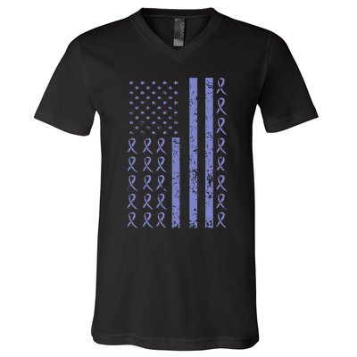 Esophageal Cancer Awareness Periwinkle Ribbon American Flag V-Neck T-Shirt