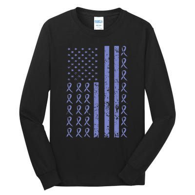 Esophageal Cancer Awareness Periwinkle Ribbon American Flag Tall Long Sleeve T-Shirt