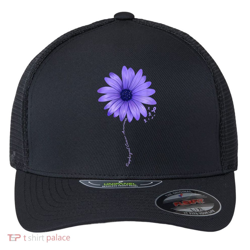 Esophageal Cancer Awareness Sunflower Periwinkle ribbon Flexfit Unipanel Trucker Cap