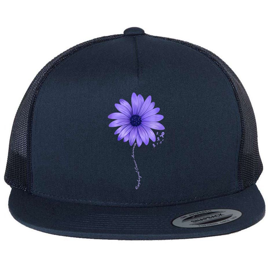 Esophageal Cancer Awareness Sunflower Periwinkle ribbon Flat Bill Trucker Hat