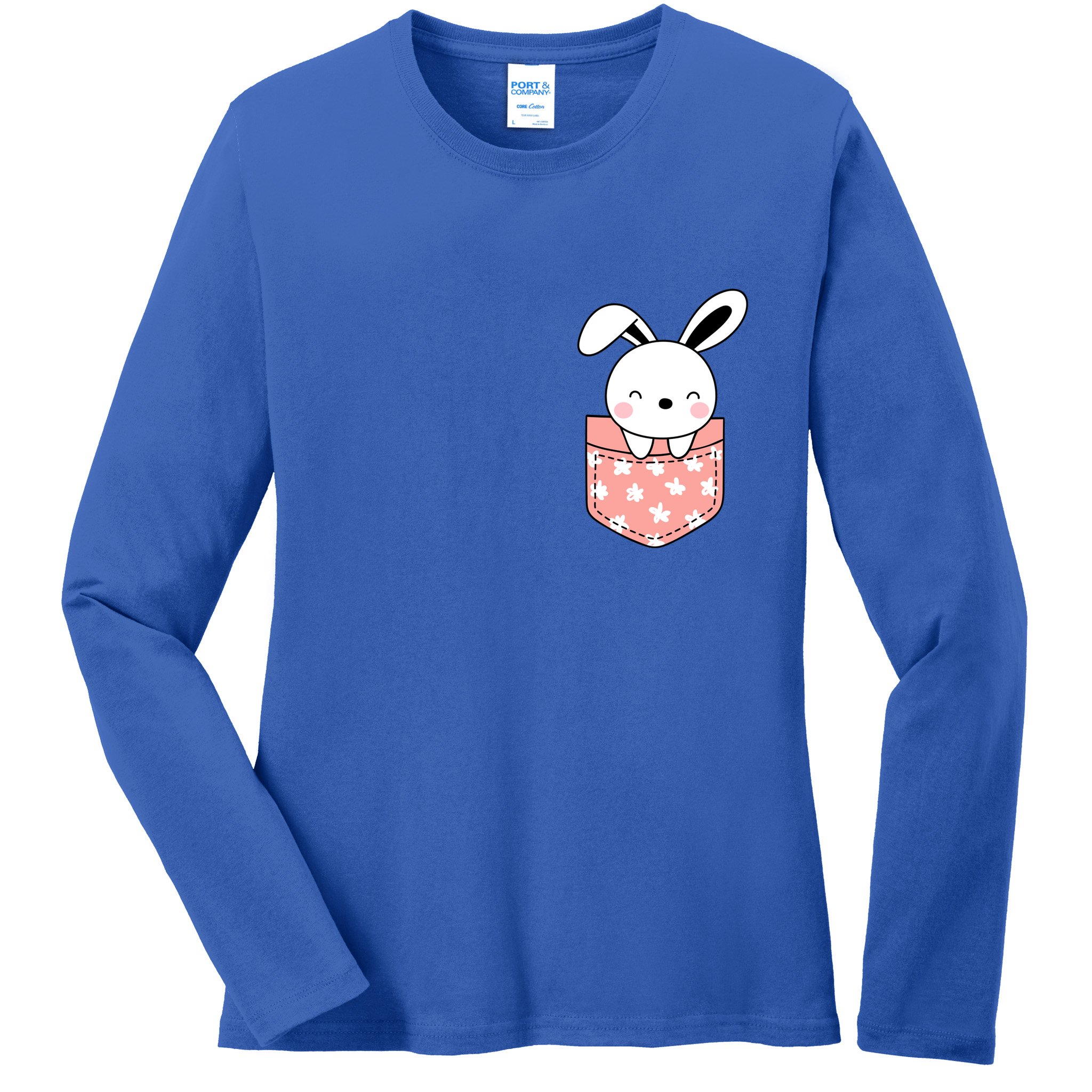 Easter Cute Bunny In Pocket Ladies Long Sleeve Shirt