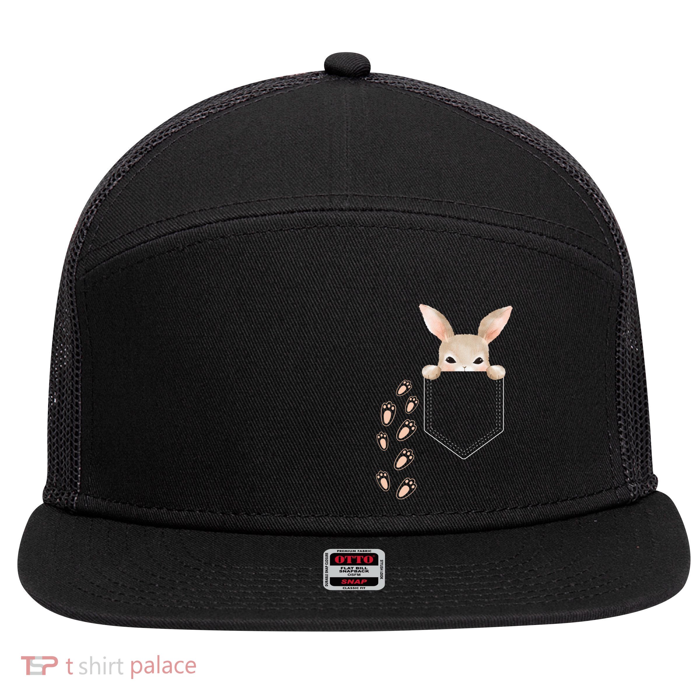Easter Cute Bunny In Pocket Rabbit Footprints 7 Panel Mesh Trucker Snapback Hat