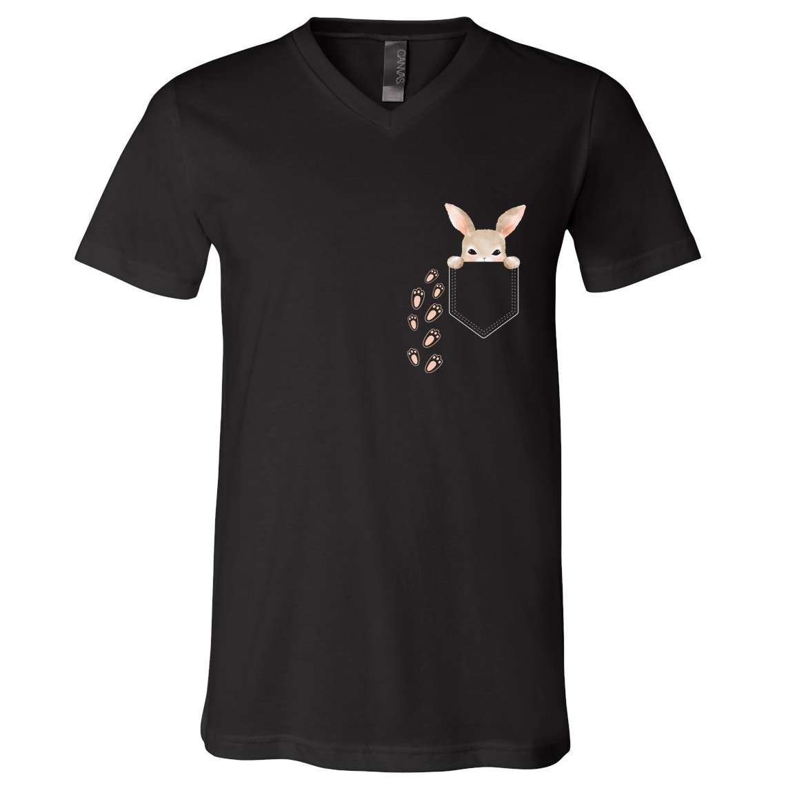 Easter Cute Bunny In Pocket Rabbit Footprints V-Neck T-Shirt