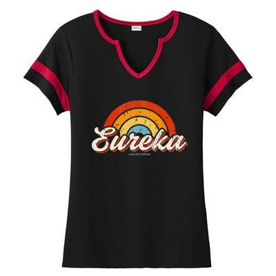 Eureka California Ca Vintage Rainbow Retro 70s Ladies Halftime Notch Neck Tee