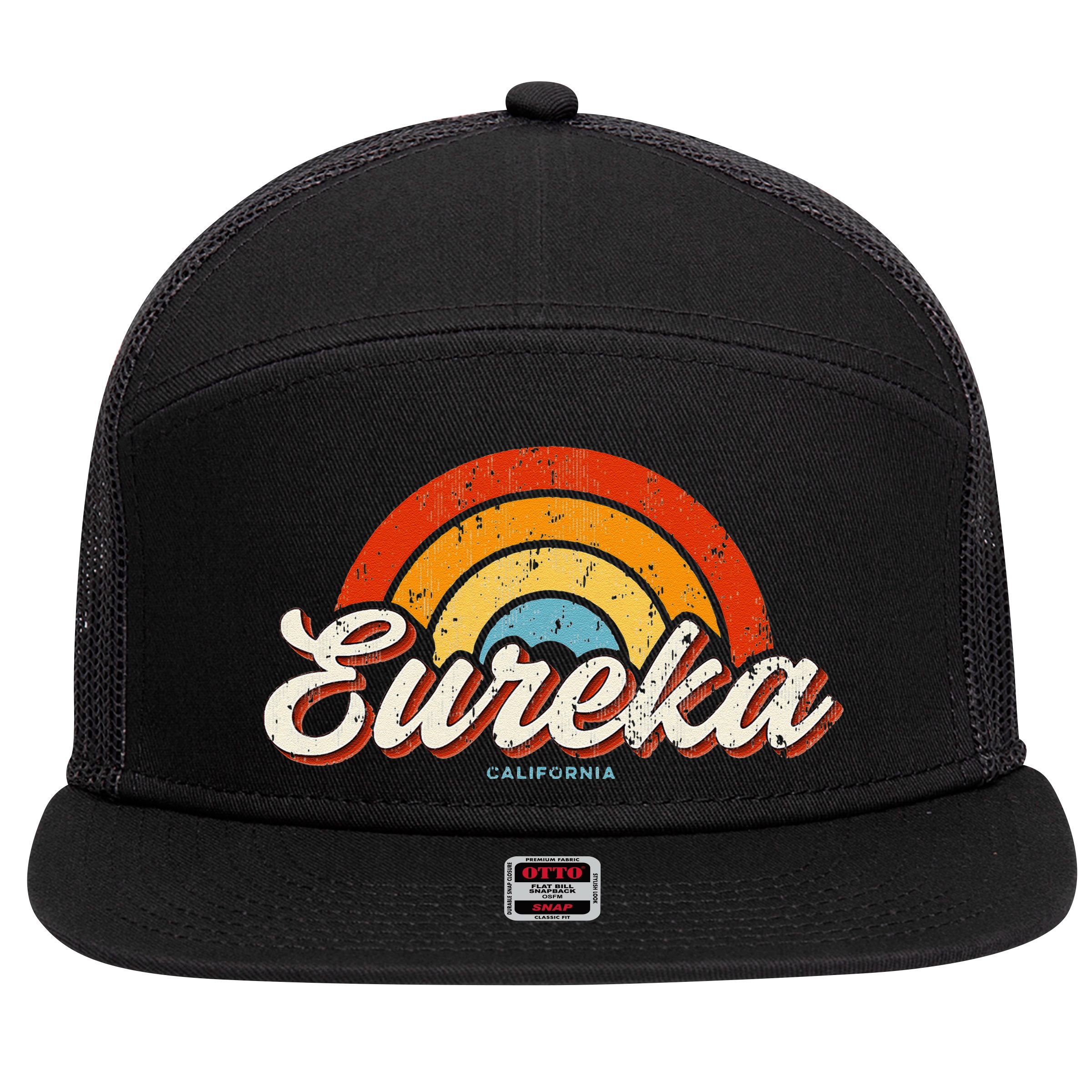 Eureka California Ca Vintage Rainbow Retro 70s 7 Panel Mesh Trucker Snapback Hat