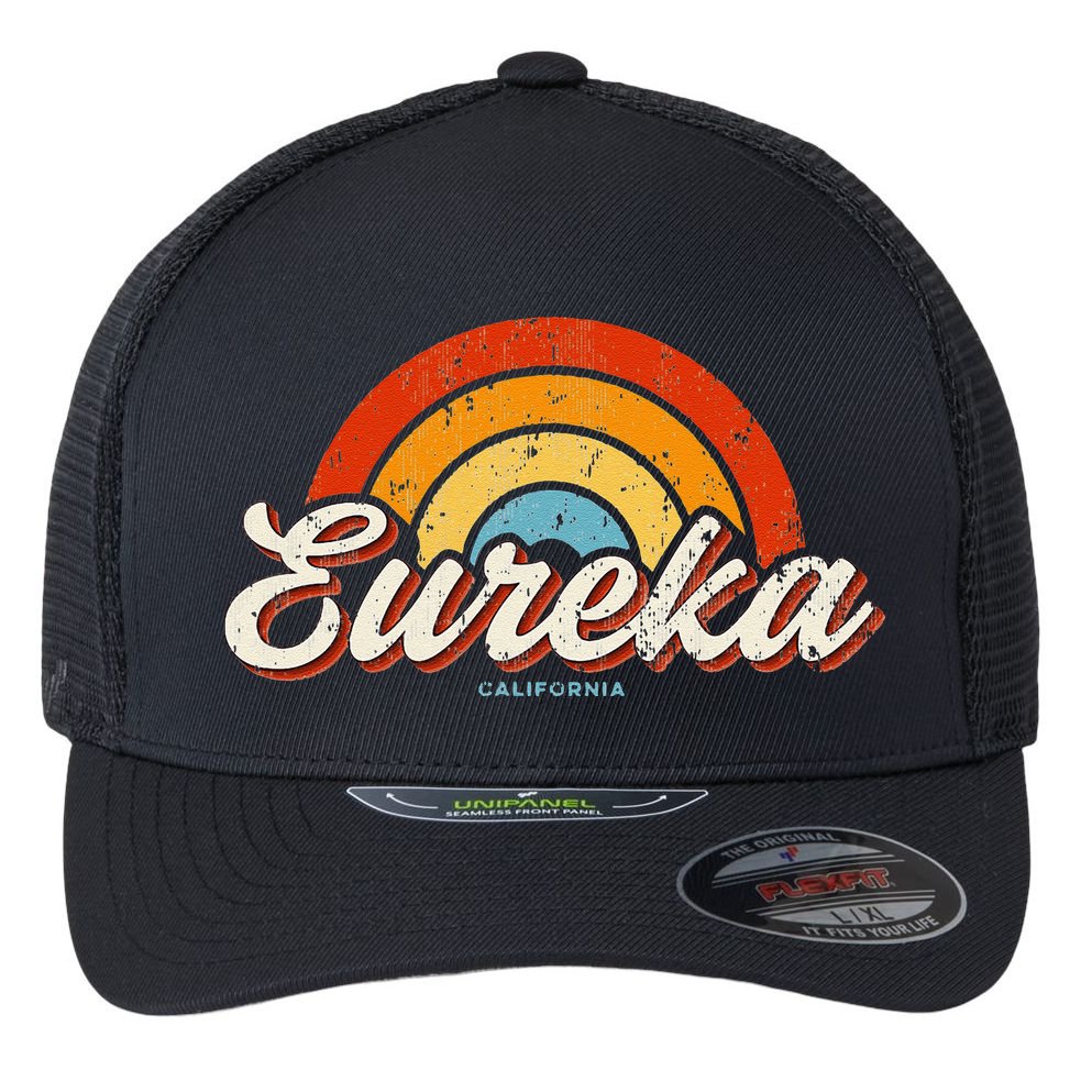 Eureka California Ca Vintage Rainbow Retro 70s Flexfit Unipanel Trucker Cap