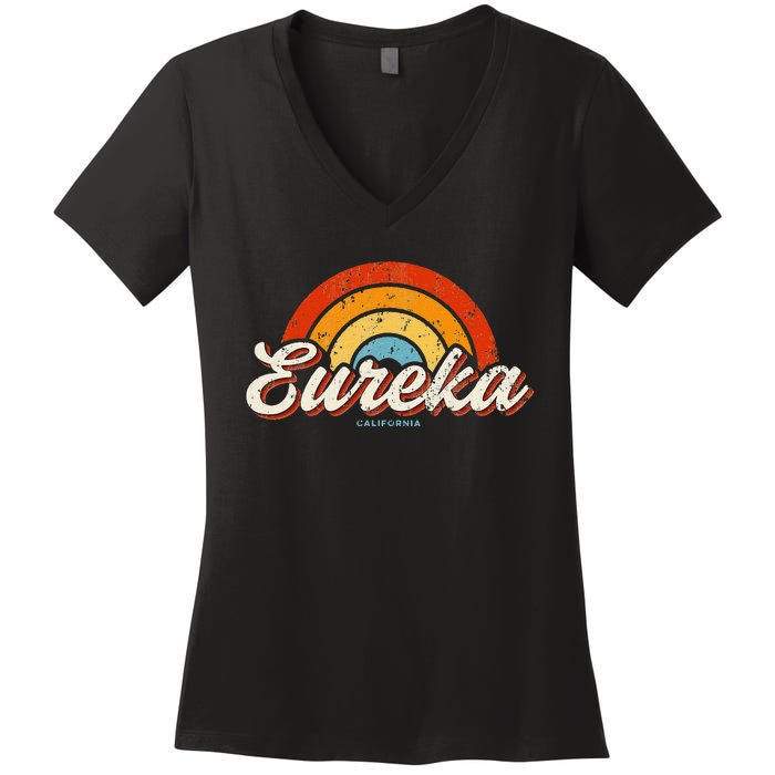 Eureka California Ca Vintage Rainbow Retro 70s Women's V-Neck T-Shirt