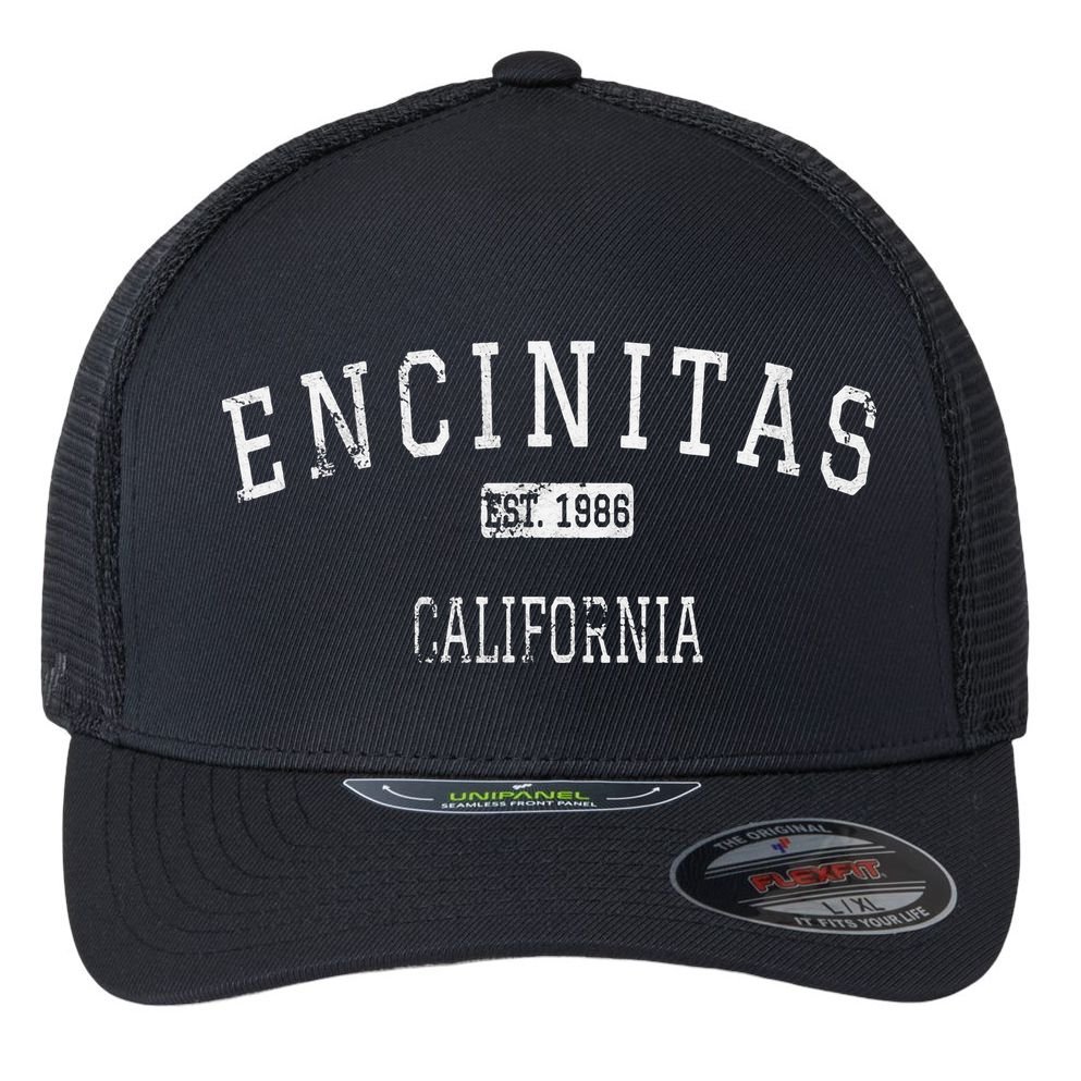 Encinitas California CA Vintage stage athletic style Flexfit Unipanel Trucker Cap