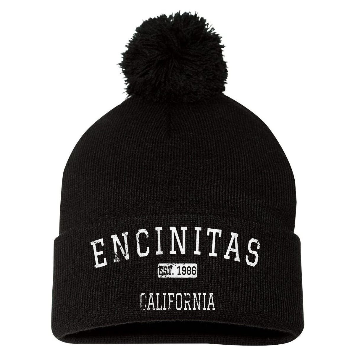 Encinitas California CA Vintage stage athletic style Pom Pom 12in Knit Beanie