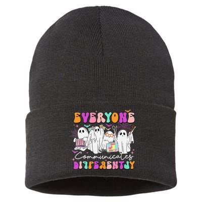 Everyone Communicates Differently Speech Therapy Halloween Sustainable Knit Beanie