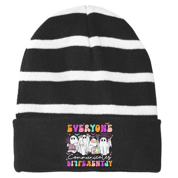 Everyone Communicates Differently Speech Therapy Halloween Striped Beanie with Solid Band