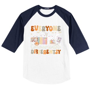 Everyone Communicates Differently Halloween Slp Sped Teacher Baseball Sleeve Shirt