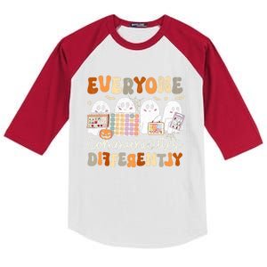 Everyone Communicates Differently Halloween Slp Sped Teacher Kids Colorblock Raglan Jersey