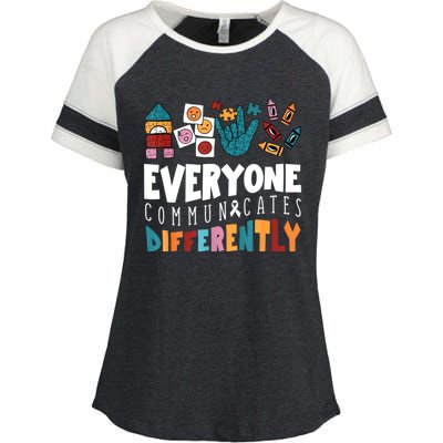 Everyone Communicates Differently Special Education Autism Enza Ladies Jersey Colorblock Tee