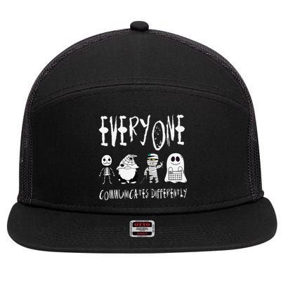 Everyone Communicates Differently Halloween Autism Teacher 7 Panel Mesh Trucker Snapback Hat