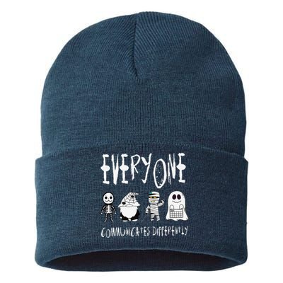 Everyone Communicates Differently Halloween Autism Teacher Sustainable Knit Beanie