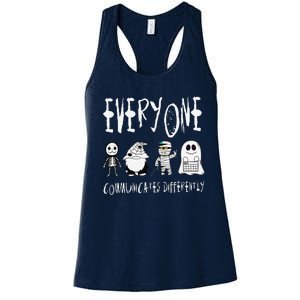 Everyone Communicates Differently Halloween Autism Teacher Women's Racerback Tank