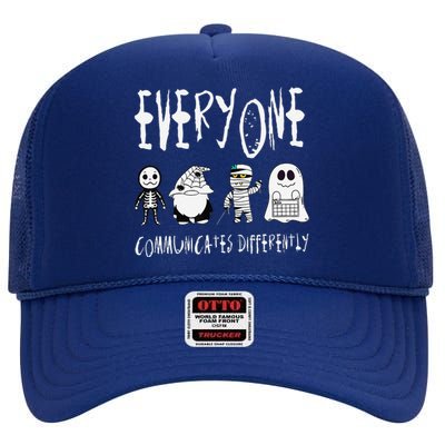 Everyone Communicates Differently Halloween Autism Teacher High Crown Mesh Back Trucker Hat