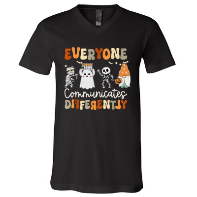 Everyone Communicates Differently Speech Therapy Halloween V-Neck T-Shirt