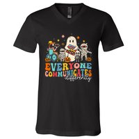 Everyone Communicates Differently Halloween Slp Sped Teacher V-Neck T-Shirt