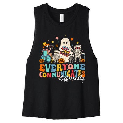 Everyone Communicates Differently Halloween Slp Sped Teacher Women's Racerback Cropped Tank