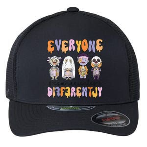 Everyone Communicate Differently Speech Therapy Halloween Flexfit Unipanel Trucker Cap