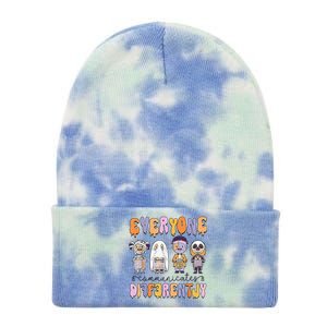 Everyone Communicate Differently Speech Therapy Halloween Tie Dye 12in Knit Beanie