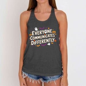 Everyone Communicates Differently Speech Therapy Halloween Women's Knotted Racerback Tank