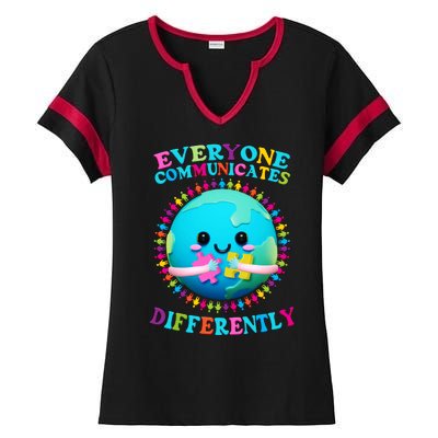 Everyone Communicated Differently Autism Awareness Acceptance Ladies Halftime Notch Neck Tee