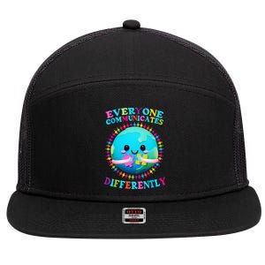 Everyone Communicated Differently Autism Awareness Acceptance 7 Panel Mesh Trucker Snapback Hat