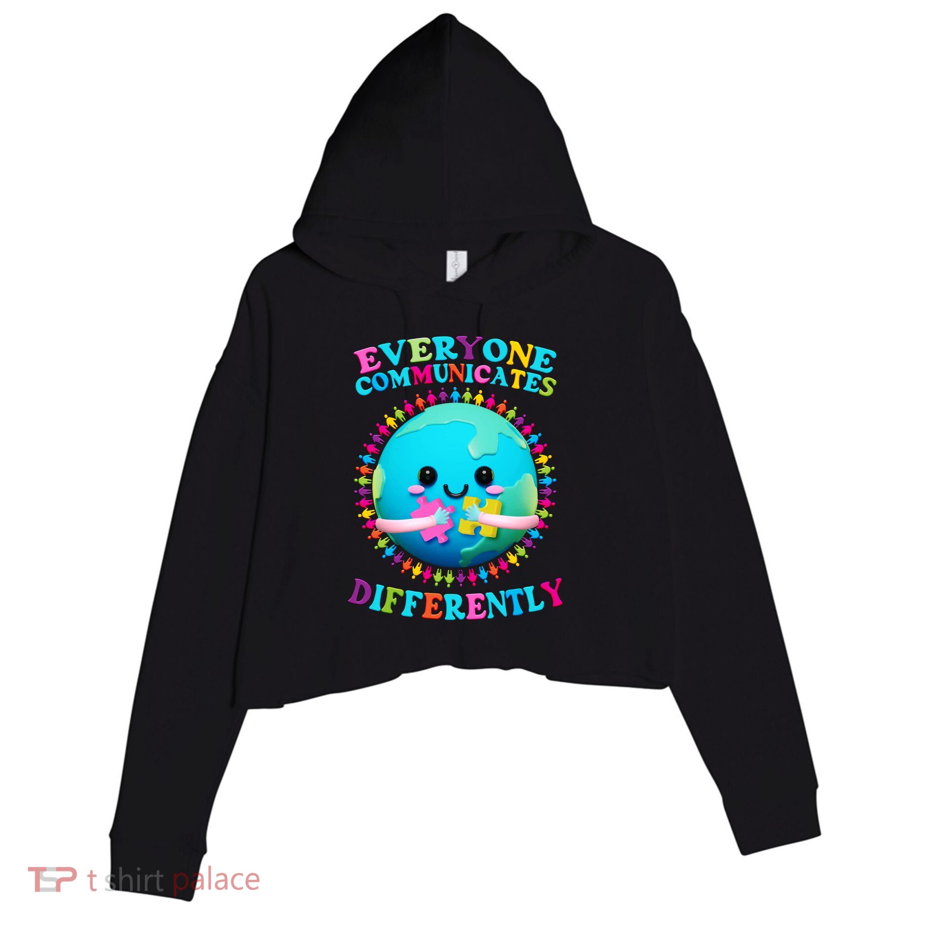 Everyone Communicated Differently Autism Awareness Acceptance Crop Fleece Hoodie