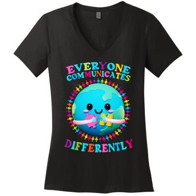 Everyone Communicated Differently Autism Awareness Acceptance Women's V-Neck T-Shirt