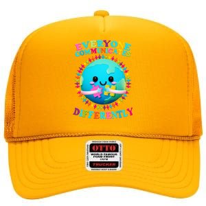 Everyone Communicated Differently Autism Awareness Acceptance High Crown Mesh Back Trucker Hat