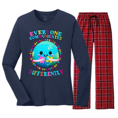 Everyone Communicated Differently Autism Awareness Acceptance Women's Long Sleeve Flannel Pajama Set 