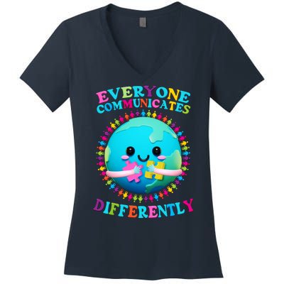 Everyone Communicated Differently Autism Awareness Acceptance Women's V-Neck T-Shirt