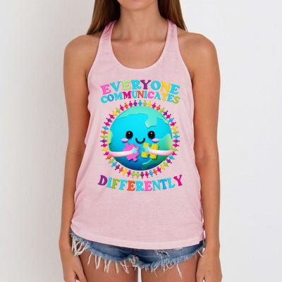 Everyone Communicated Differently Autism Awareness Acceptance Women's Knotted Racerback Tank