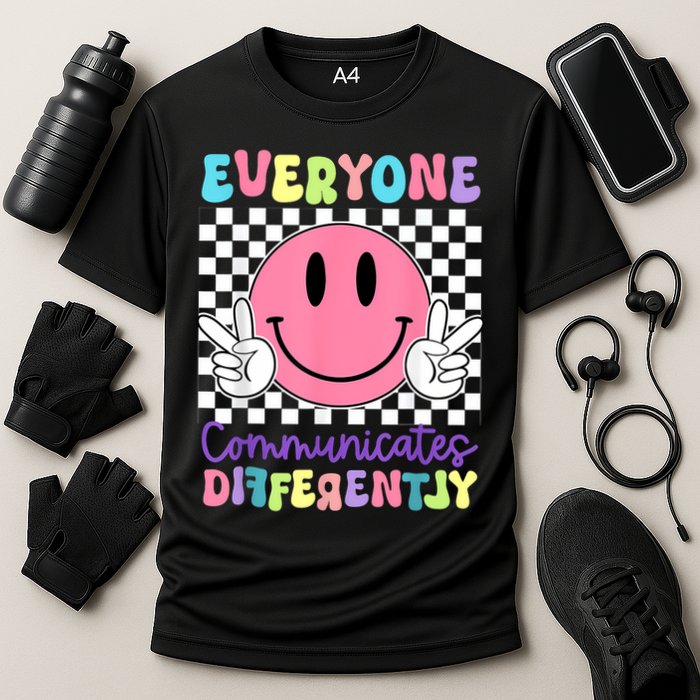 Everyone Communicates Differently Autism Awareness Teacher Cooling Performance Crew T-Shirt