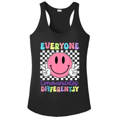 Everyone Communicates Differently Autism Awareness Teacher Ladies PosiCharge Competitor Racerback Tank