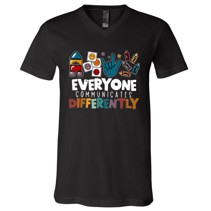 Everyone Communicate Differently Autism Awareness Day V-Neck T-Shirt