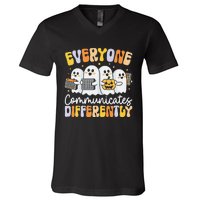 Everyone Communicates Differently Halloween Teacher V-Neck T-Shirt