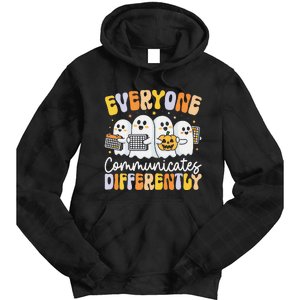 Everyone Communicates Differently Halloween Teacher Tie Dye Hoodie