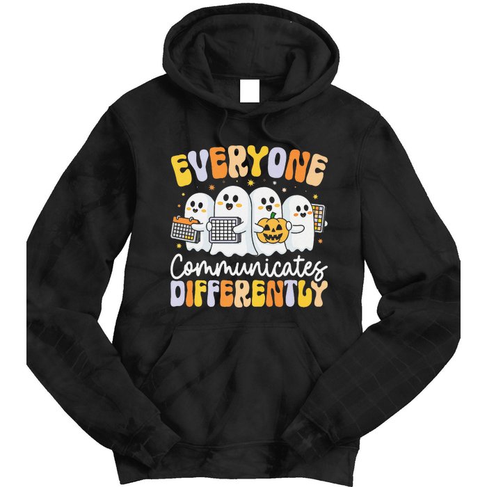 Everyone Communicates Differently Halloween Teacher Tie Dye Hoodie