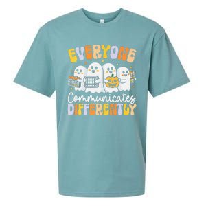 Everyone Communicates Differently Halloween Teacher Sueded Cloud Jersey T-Shirt