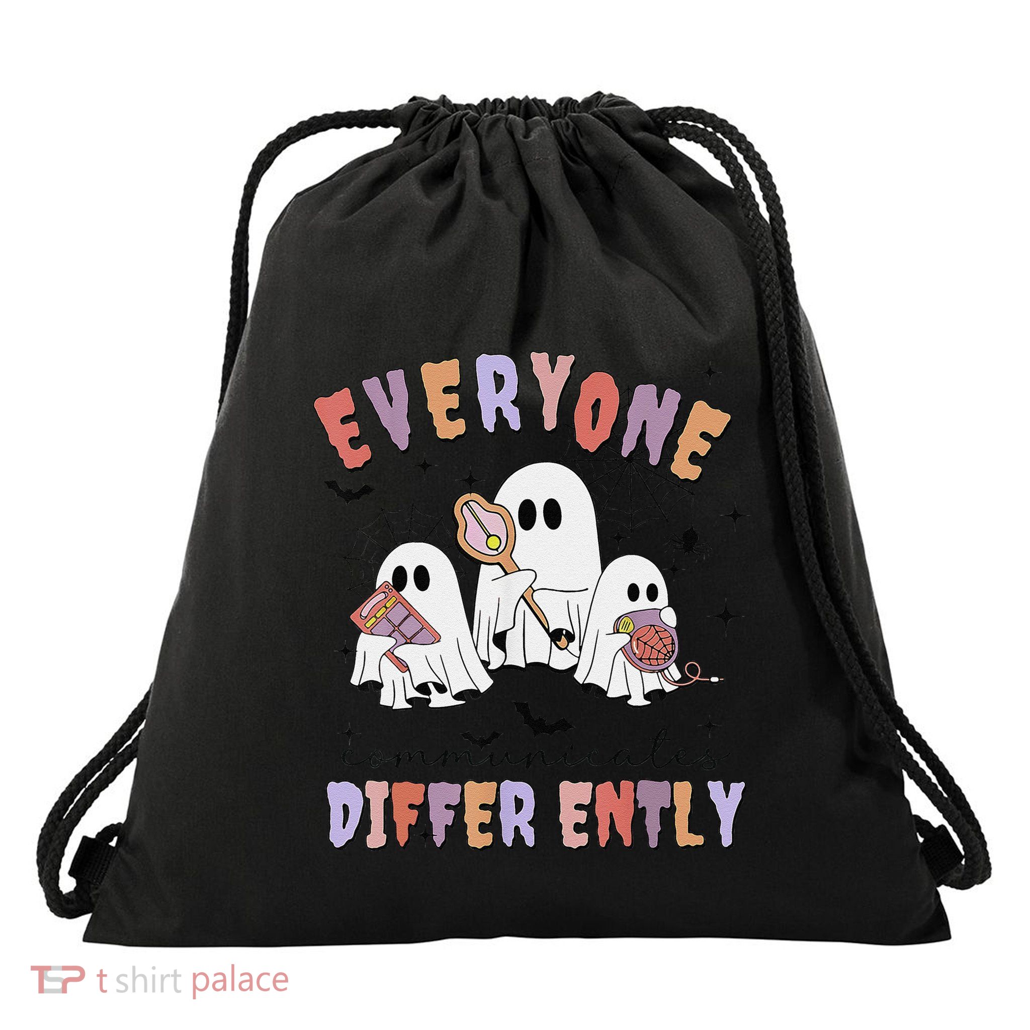 Everyone Communicate Differently Cute Ghost Halloween Autism Drawstring Bag